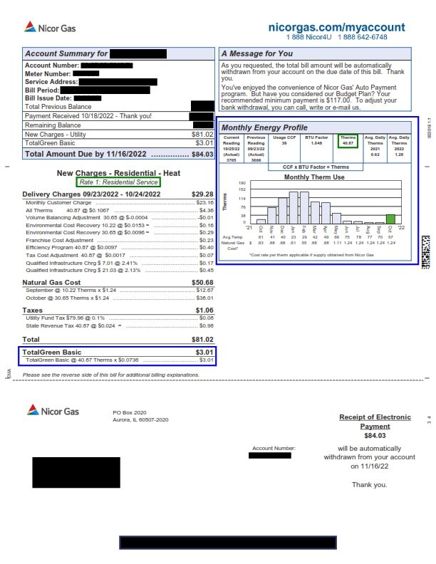 Nicor Gas Bill example